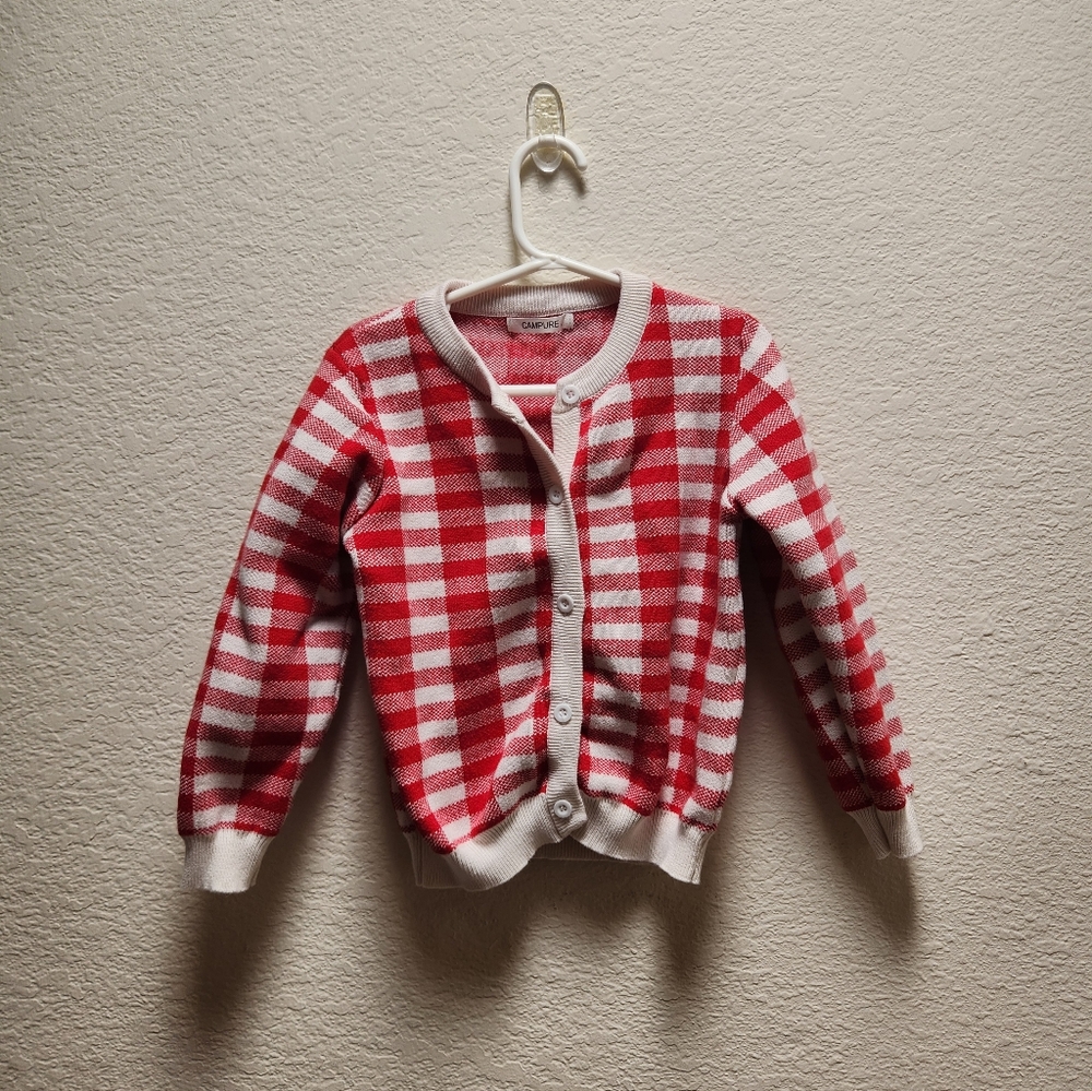 Girls Red Gingham Knit Button Up Sweater Cardigan Size 5